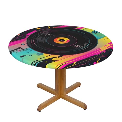 Runde Vinyl-CD-Tischdecke mit elastischem Rand, Bunte Musik-Schallplatte, Dehnbare Tischdecke für 45-50 Zoll große Tische, wasserdichter Schutz für Essenspartys im Innen- und Außenbereich von Anceky