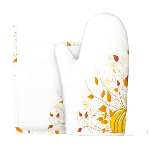 Thanksgiving-Thema, Ofenhandschuhe und Topflappen-Sets, Herbstbaum mit Blumen, Eicheln und Eulen, hitzebeständiges Silikon-Küchenhandschuh-Set zum Grillen und Backen, Mehrfarbig, rechte Hand von Anceky