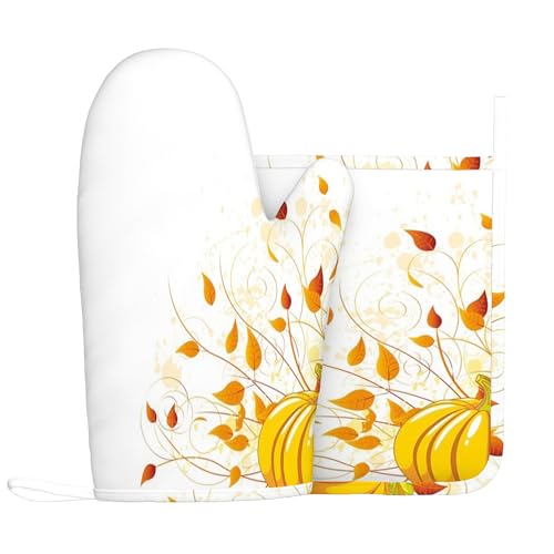 Thanksgiving-Thema, Ofenhandschuhe und Topflappen-Sets, Herbstbaum mit Blumen, Eicheln und Eulen, hitzebeständiges Silikon-Küchenhandschuh-Set zum Grillen und Backen, Mehrfarbig, rechte Hand von Anceky