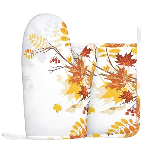 Thanksgiving-Thema, Ofenhandschuhe und Topflappen-Sets, Herbstbaum mit Blumen, Eicheln und Eulen, hitzebeständiges Silikon-Küchenhandschuh-Set zum Grillen und Backen, Mehrfarbig, rechte Hand von Anceky