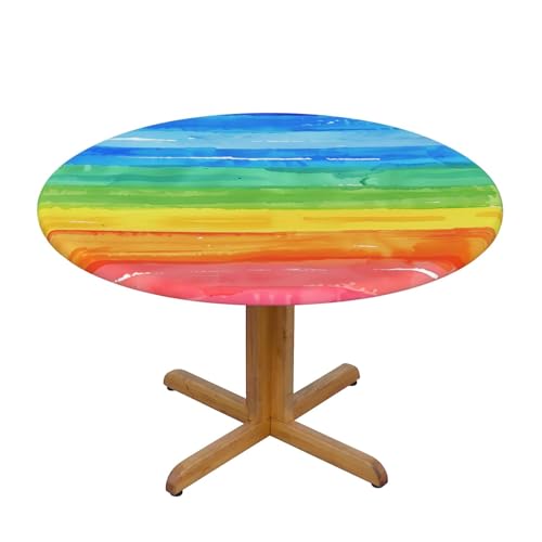 Tischdecke mit Aquarell-Regenbogenmotiv und elastischem Rand, Bunte Streifen, Dehnbare Tischdecke für 40-44 Zoll große Tische, wasserdichter Schutz für Essenspartys im Innen- u Tischdecke mit Aquarell-Regenbogenmotiv und elastischem Rand, Bunte Streifen, Dehnbare Tischdecke für 40-44 Zoll große Tische, wasserdichter Schutz für Essenspartys im Innen- u von Anceky