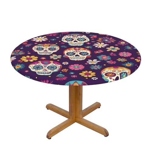 Tischdecke mit Totenkopf-Gänseblümchen-Blumenmotiv und elastischem Rand, Dehnbare Tischdecke mit Zuckerskelett für 45-50 Zoll große Tische, wasserdichter Schutz für Essensparty von Anceky