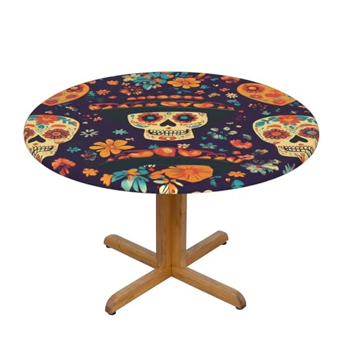 Tischdecke mit mexikanischem Blumenschädel und elastischem Rand, Dehnbare Tischdecke mit Skelettmotiv „Tag der Toten für 45–50 Zoll große Tische, wasserdichter Schutz für Essen Tischdecke mit mexikanischem Blumenschädel und elastischem Rand, Dehnbare Tischdecke mit Skelettmotiv „Tag der Toten für 45–50 Zoll große Tische, wasserdichter Schutz für Essen von Anceky