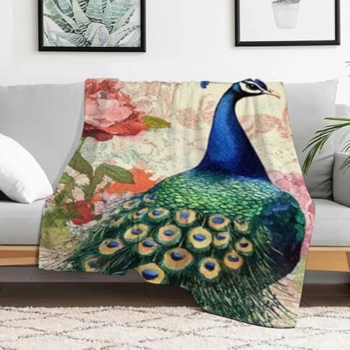 Weiche, warme Flanelldecke mit Pfauenblumen, multifunktionale, gemütliche Dekodecke für Sofa, Reisen, Camping, Bett, Stuhl, 101,6 x 127 cm von Anceky