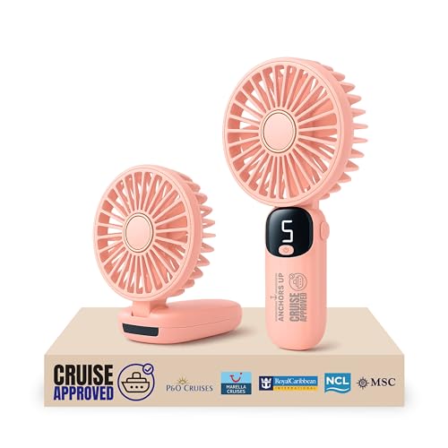 Cruise Approved Portable Travel Fan - Handheld & Foldable Mini Fan with 5 Speeds - Quiet, Rechargeable & Lightweight - Pocket Size Cooling for Cabin, Excursions & Poolside - Cruise Essentials (Pink) von Anchors Up