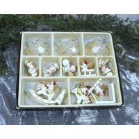 Vintage Christbaumschmuck, Weihnachtsbaumschmuck, Baumbehang Aus Holz Und Glas - Weiß 12 Teile von AnciennesValeurs