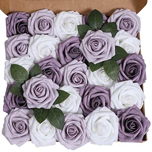 Ancokig Künstliche 25 Stück Rosen Blumen Schaumrosen Foamrosen Kunstblumen Rosenköpfe Gefälschte Kunstrose Rose für Hochzeit Blumensträuße Braut Zuhause Dekoration (Farbverlauf lila,25 Stück) von Ancokig