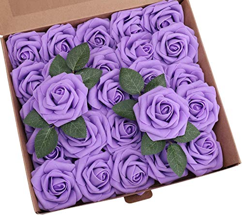 Ancokig Künstliche 25 Stück Rosen Blumen Schaumrosen Foamrosen Kunstblumen Rosenköpfe Gefälschte Kunstrose Rose für Hochzeit Blumensträuße Braut Zuhause Dekoration (Lila,25 Stück) von Ancokig