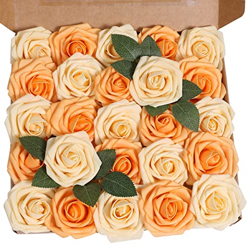 Ancokig Künstliche 25 Stück Rosen Blumen Schaumrosen Foamrosen Kunstblumen Rosenköpfe Gefälschte Kunstrose Rose für Hochzeit Blumensträuße Braut Zuhause Dekoration (Orange Gelb,25 Stück) von Ancokig