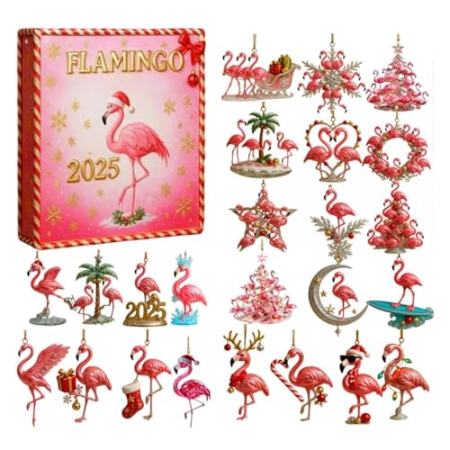 2025 Flamingo Adventskalender, 24 Tage Flamingo Weihnachts Countdown Kalender, 24 Stück 2D Acryl Weihnachtsschmuck Countdown Kalender Für Wand Fensters Baum Kaminsims Tür Garten von Ancsttu