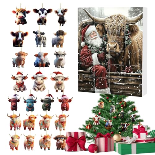 Ancsttu Advent Countdown Kalender Highland Cow 24 Tage - Countdown Kalender Hochlandrind 2D Acryl Aufhängbare Ornamente | Tier Deko Für Auto Innenspiegel Wand Fenster Weihnachtsbaum Tür Party von Ancsttu