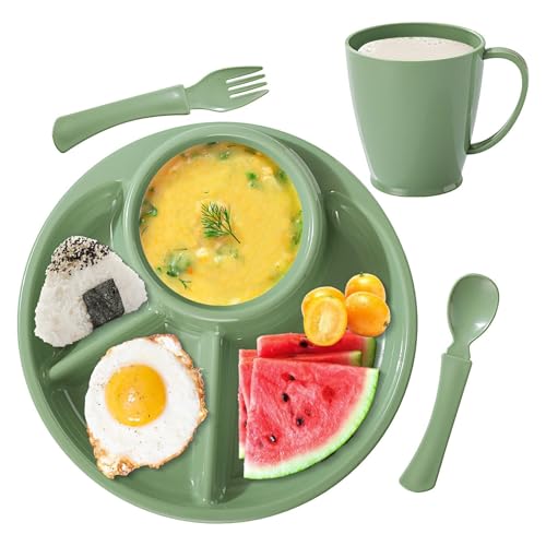Ancsttu Unterteilte Teller,Unterteilte Teller Zur Portionskontrolle - Ovale Servierschale Mit Trinkbecher Für Wohnung Kantine Kita von Ancsttu