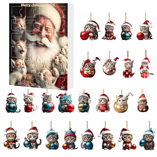 Katzen Adventskalender 2025, 2D Acryl Niedliche Katzendeko Ornament 24-Tage Adventskalender Weihnachtsdekorationen Für Auto Innenspiegel Fenster Weihnachtsbaum Tür von Ancsttu
