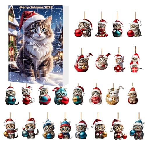 Katzen Adventskalender 2025, 2D Acryl Niedliche Katzendeko Ornament 24-Tage Adventskalender Weihnachtsdekorationen Für Auto Innenspiegel Fenster Weihnachtsbaum Tür von Ancsttu