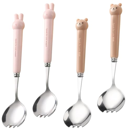 Ancuioyz Salatbesteck Edelstahl, Löffel Salat Besteck Salatbesteck Steakgabel Servierlöffel Edelstahl, Salatbesteck Salatbesteck Set Salatgabel Esslöffel Ramen Löffel (4 Karikatur) von Ancuioyz