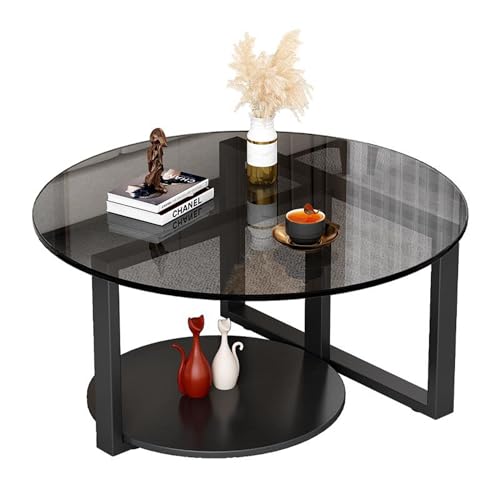Andazododc Runder schwarzer Couchtisch mit Glasplatte, 60 cm Durchmesser, 2 Ebenen, 45 cm Höhe, Bartische für Wohnzimmer, einfacher und moderner Mitteltisch für kleine Räume (schwarz) von Andazododc