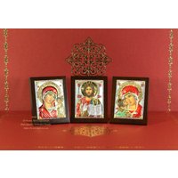 Orthodoxe Ikonen Herr Jesus Christus. Mutter Gottes Kasan. Vladimir. 3Er Set Icons. Versilbert.999 | 6.4cm X 5cm Handarbeit von AndcrossArtStore