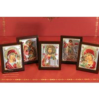 Set Von 5 Orthodoxen Ikonen. Herr Jesus Christus. Mutter Gottesmutter Kasan Gottes Vladimir Heilige Familie St. Georg. Versilbert.999 | 64 X 50mm von AndcrossArtStore