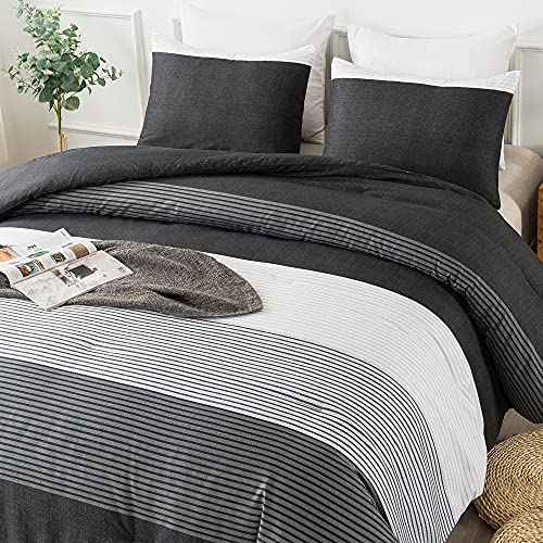 Andency Bettwäsche-Set für Doppelbett, schwarz, weiß und grau, Patchwork, gestreift, 168 x 228 cm, weiche Mikrofaser-Daunen-Alternative, Doppel-Bettwäsche-Sets mit Eckschlaufen von Andency