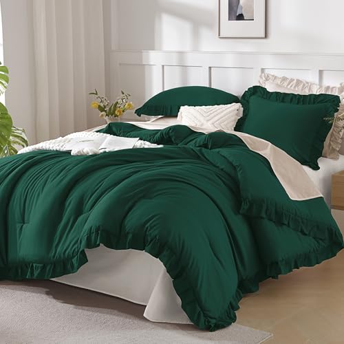 Andency Dunkelgrüne Rüschen-Bettdecke für Kingsize-Betten (270x228 cm), 3 Stück (1 gerüschte Bettdecke und 2 Kissenbezüge), Vintage-Stil, rustikale weiche Mikrofaser-Bettwäsche-Set von Andency