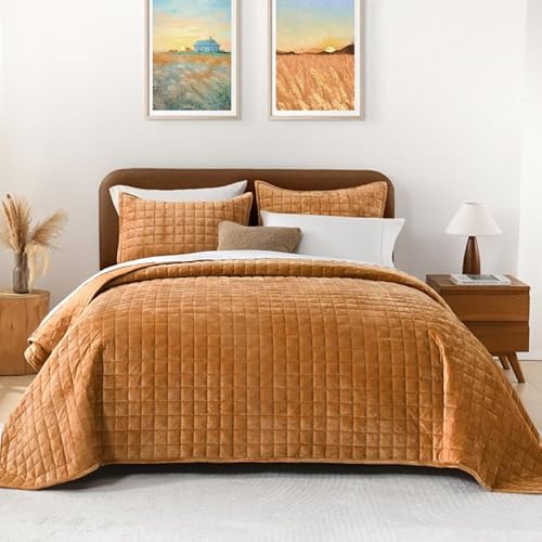 Andency Samt-Steppdecke, Queen-Size-Bett, weich, luxuriös, kariert, leichte Tagesdecke, gesteppte Bettdecke mit 2 passenden Kissenbezügen für alle Jahreszeiten, Goldkaramell von Andency