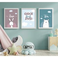 Geburtsposter 3Er Set - Zwillinge Personalisiert Geschwister Glück Hoch Zwei Wunschname von AndererDesign