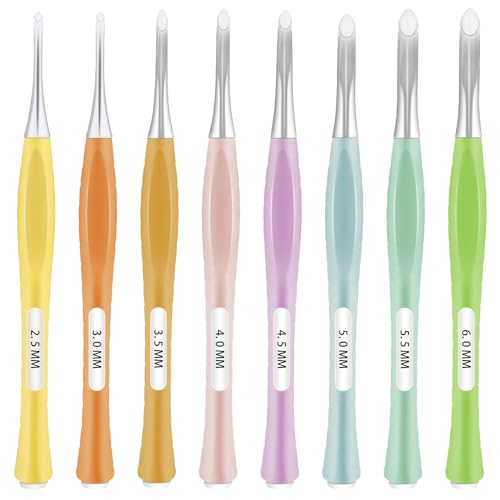 Andibro Häkelnadel Set,8 teiliges ergonomische rutschfeste Inline Häkelnadeln Häkelnadel Set für Anfänger weicher Griff Häkelnadeln für Mützen Handschuhe Schals Stricken DIY 2.5–6 mm (C-J) von Andibro