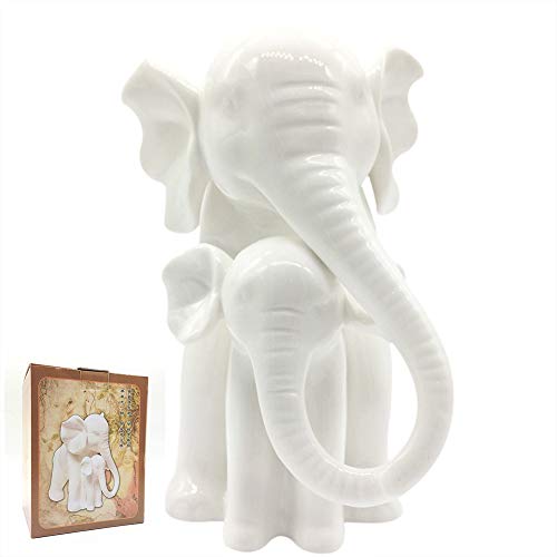 Anding Dekofigur Elefant Mutter und Baby aus weißem Porzellan, Hochglanz-Finish von Anding