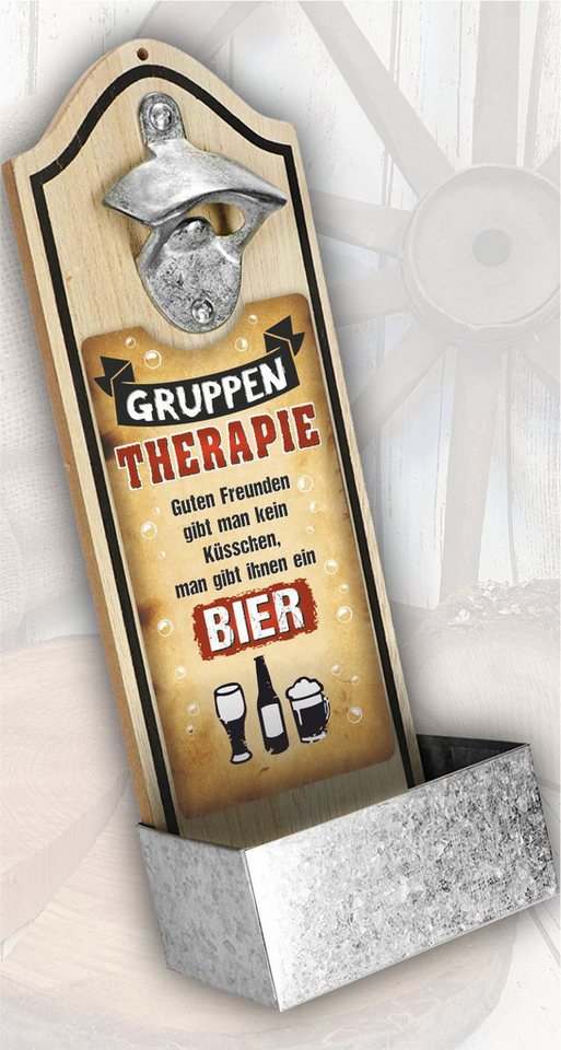 Andrea Geschenkewelt Flaschenöffner Flaschenöffner für die Wand Wandflaschenöffner mit Auffangschale (Männergeschenk, Mit Spruch: "Gruppen Therapie - Bier), Bieröffner mit Auffangbehälter, 3D - Doming mit Bierspruch von Andrea Geschenkewelt