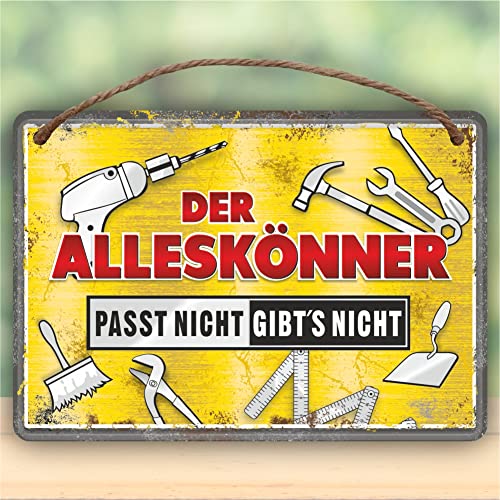 Metallschild Blechschild mit Kordel - Der Alleskönner Passt nicht gibt’s nicht - Für Männer Handwerker als Geschenk rostfrei Türschild Schild mit lustigem Spruch im Vintage Retro Look von AV Andrea Verlag