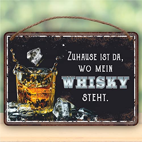 Metallschild Blechschild mit Kordel zum Anhängen – Zuhause ist wo mein Whisky steht - Für Männer Handwerker als Geschenk rostfrei Türschild Schild mit lustigem Spruch im Vintage Retro Look von AV Andrea Verlag