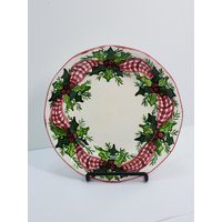 J Moss Christmas Holly Plate, Roter Rand, 1987 von AndreasAntiquesFinds