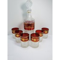 Siebenteiliges Dekanter Set, Rot, Gold Und Klar, Einige Gebrauchsspuren von AndreasAntiquesFinds