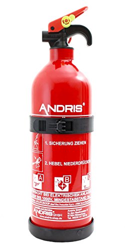 1kg ABC Pulver Auto-Auflade Feuerlöscher mit KFZ/Boot Halterung EN3 Orig. ANDRIS® inkl. Prüfnachweis mit Jahresmarke & ISO Symbolschild von Andris