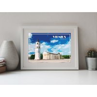 Wilna Druck Poster Litauen Leinwand Gediminas Turm Vintage Reise Geschenk Rotuses Aikste Wand Kunst Dekor Kunstwerk von AndriusPosters