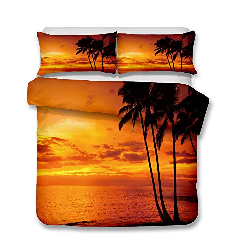 Andrui Bettwäsche Set 3D Strand Kokosnussbaum Sonnenuntergang Romantische Landschaft Mehrfarbig Bettbezug und Kissenbezug Bettwäsche mit Reißverschluss Ganzjährig Einzelbett 135x200cm von Andrui