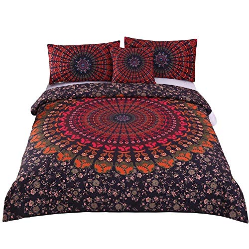 Andrui Bettwäsche Set Boho Mandala Blume Muster Bohemian Exotisch Rot & Schwarz Mehrfarbig 200x200cm Bettbezug und Kissenbezug Doppelbett Bettwäsche mit Reißverschluss Pflegeleicht Ganzjährig von Andrui