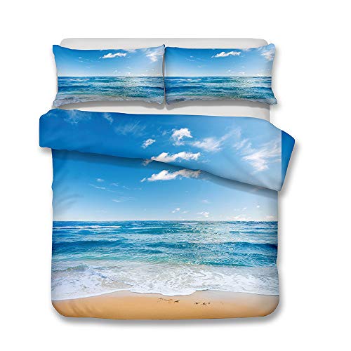 Bettwäsche Set Ozean Welle Strand Blauer Himmel und Weiße Wolken Mehrfarbig Landschaft Bettbezug und Kissenbezug Bettwäsche mit Reißverschluss Ganzjährig Einzelbett 135x200cm von Andrui