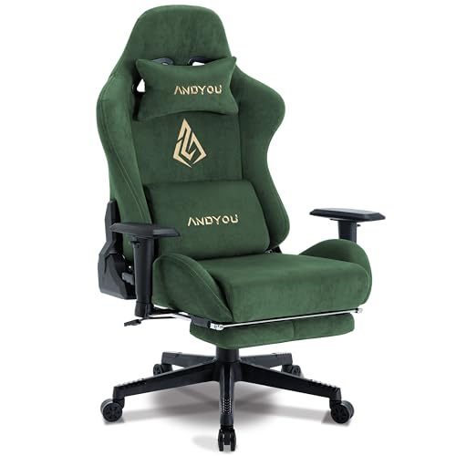 Andyou Gaming Stuhl, Luxuriöser Wildlederimitat Gaming Chair Ergonomischer Bürostuhl, Atmungsaktiver Schreibtischstuhl PC Stuhl mit Fußstütze, Kopfkissen und Armlehnen, 200 kg, Grün von Andyou