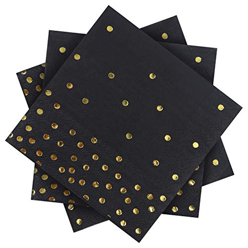 Aneco 120 Pack Schwarz mit Gold Dots Papier Servietten Cocktail Servietten mit 2-Lagen Ideal Gold Party Dekorationen, Geburtstagsparty Zubehör, 5 von 5 Zoll von Aneco
