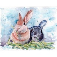 Custom Aquarell Hasen Portrait Zwei Hasen, Handgemalt von AnellHappyWatercolor