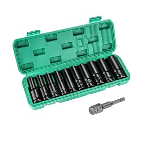 Schlagschrauber Nüsse Set, 11tlg 1/2'' Metrischer Antrieb Werkzeug Set 10-24mm Sechskant Stecknüsse, Kraft Steckschlüsselsatz, mit Stecknuss Adapter und Werkzeugkasten für Reparatur und Wartung von Anesty