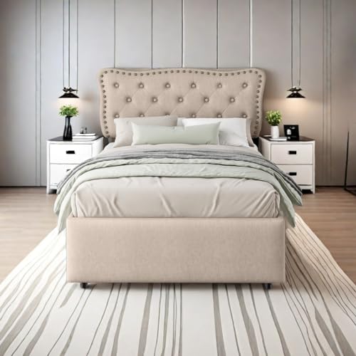 Anesutest 90 * 200 cm flaches Bett, gepolstertes Bett, Nachttischpolsterung mit dekorativen Nieten, doppelte Schubladen von Anesutest