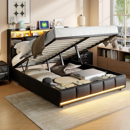 Aneutr Bett mit Bettkasten, 160 x 200 cm, mit LED-Beleuchtung und USB-Aufladung, Doppelbett, gepolstert, mit Stauraum und Kopfteil, hydraulische Aufbewahrungsbetten, PU (Schwarz, 160 x 200 cm) von Aneutr