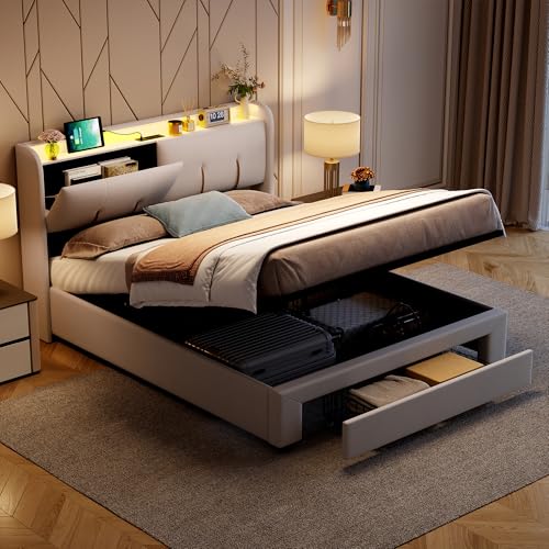 Polsterbett Doppelbett 160x200 cm mit 2 Stauraum Schubladen, Hydraulisch Stauraumbett mit USB Ladefunktion und LED Stauraum Kopfteil, Bettgestell mit Lattenrost, Funktionsbett Jugendbett, Samt von Aneutr