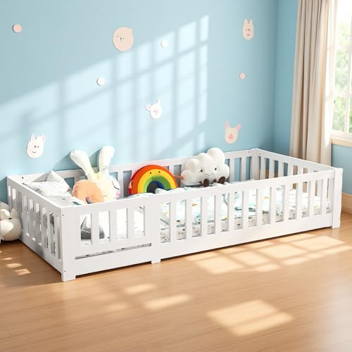 Aneutr Bodenbett 90x200 cm, Montessori Kinderbett mit Rausfallschutz und Tür, Lattenrost, Kiefer Massivholz, Kinder Bett für Kinder, Jugendbett Einzelbett für Jungen und Mädchen (90x200) von Aneutr