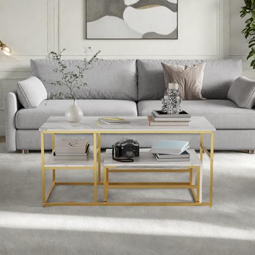 Aneutr Couchtisch 2er Set aus Holz, Beistelltisch Marmor Optik mit Metallrahmen, Modern Rechteckig Wohnzimmertisch mit Stauraum, Sofatisch Kaffeetisch (Gold+Weiß, 105x52x48.5) von Aneutr