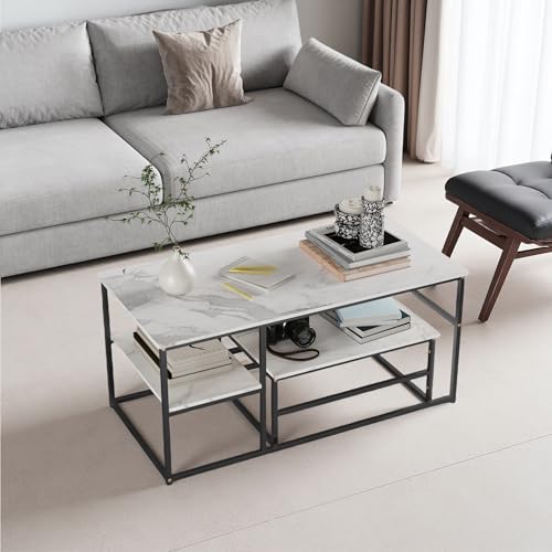 Aneutr Couchtisch 2er Set aus Holz, Beistelltisch Marmor Optik mit Metallrahmen, Modern Rechteckig Wohnzimmertisch mit Stauraum, Sofatisch Kaffeetisch (Schwarz+Weiß, 105x52x48.5) von Aneutr