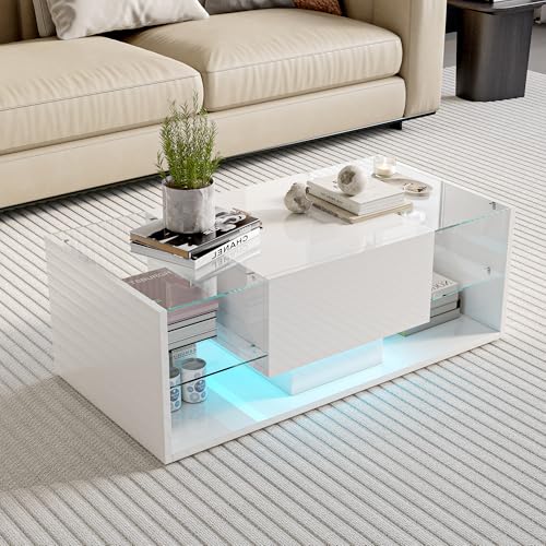 Aneutr Couchtisch weiß Hochglanz mit LED Beleuchtung, Modern Wohnzimmertisch Beleuchtung Couchtisch mit Stauraum Schublade und Offenem Ausstellungsregal Rechteckiger (Weiß, 100x50x35cm) von Aneutr