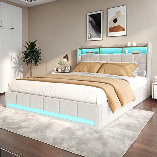 Aneutr Doppelbett, gepolstert, 140 x 200 cm, mit Lattenrost, LED-Beleuchtung, Steckdosenleiste und 4 Schubladen, Betten und Bettrahmen für Erwachsene und Jugendliche, Doppelbett, Leinen (Beige, 140 x Aneutr Doppelbett, gepolstert, 140 x 200 cm, mit Lattenrost, LED-Beleuchtung, Steckdosenleiste und 4 Schubladen, Betten und Bettrahmen für Erwachsene und Jugendliche, Doppelbett, Leinen (Beige, 140 x von Aneutr